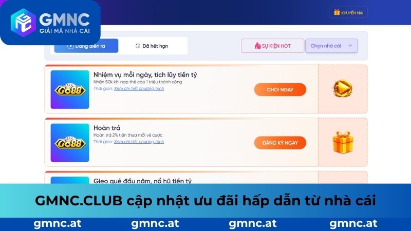 GMNC.CLUB cập nhật nhanh chóng các chương trình ưu đãi từ nhà cái